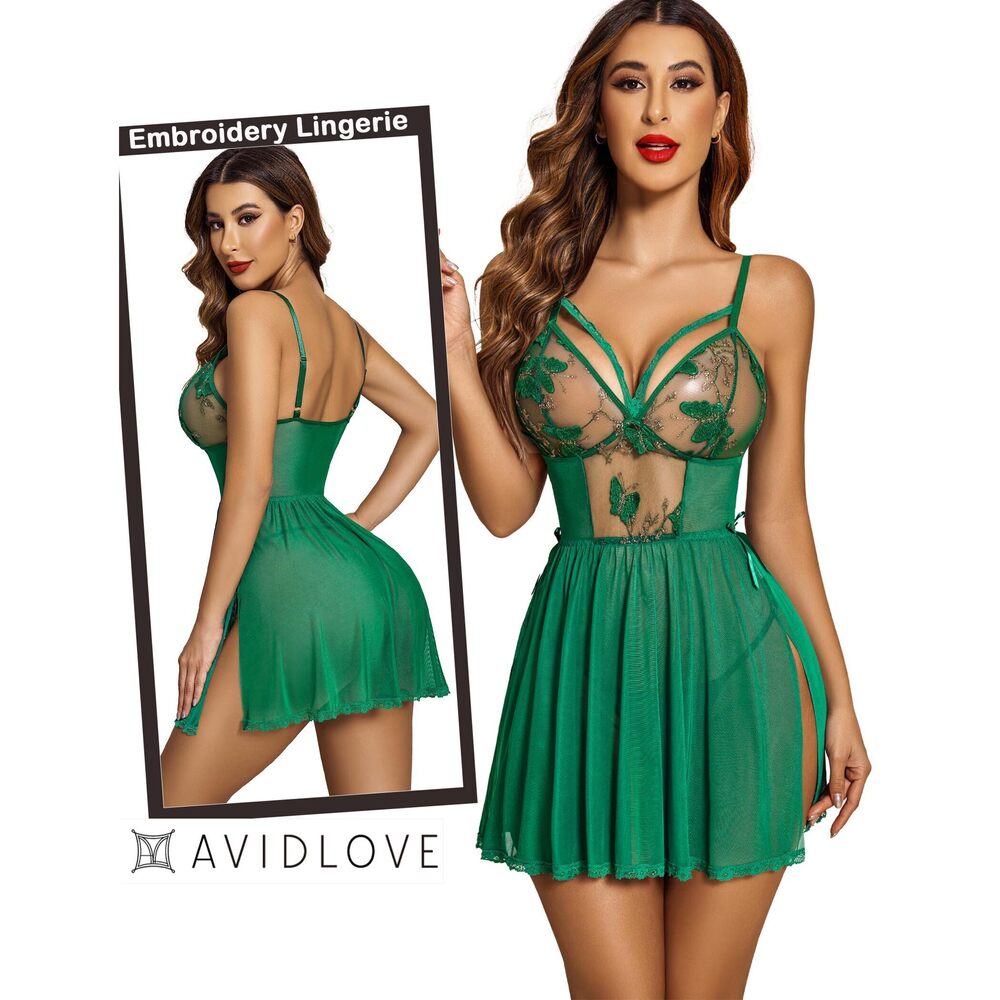 8246 Green Lingerie Floral Embroidery Babydoll Lingerie Dress Lace - Picture 2 of 6